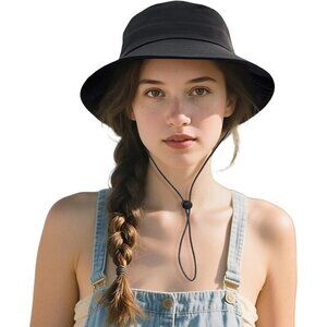 Womens Black 100% Polyester Wide Brim With Adjustable Chin Strap Bucket Sun Hat